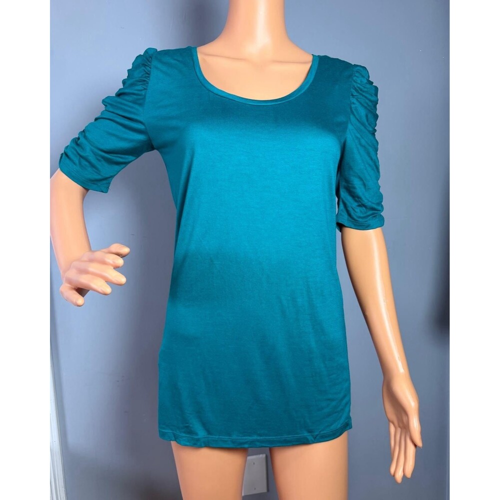 ANN TAYLOR Top S NWT Green Teal Ruched Sleeve Scoop Neck Lyocell Blend Shirt.